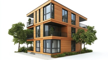 Fototapeta premium Modern Wooden House: A contemporary wooden house with a striking design, featuring large windows and a sleek aesthetic, set amidst lush greenery, exuding a sense of modern elegance.