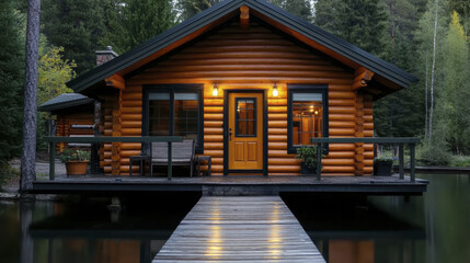 Fototapeta premium cozy log cabin by serene lake surrounded by trees, perfect for relaxation