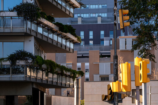 Modern city buildings with synchronized traffic lights on the street corner.