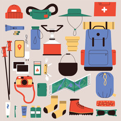 Hiking and Camping Gear Flat Vector Illustration Backpack, Boots, Tent, Map, Outdoor Essentials, Survival Kit, and Travel Equipment for Adventure and Trekking. Vector illustration