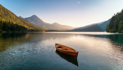 A lonely wooden boat floating on a crystal-clear lake, surrounded by towering mountains during a peaceful sunrise, creating a serene and tranquil atmosphere.