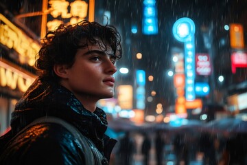 Obraz premium Young man walking in the rain in chinatown at night