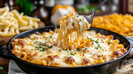 Delicious cheesy pasta bake in a cast iron skillet. Comfort food, home cooking.