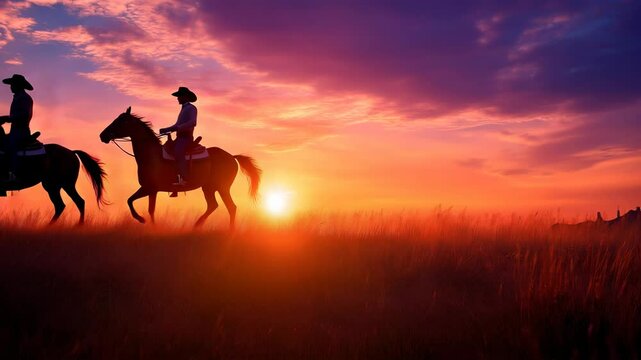 Epic silhouette showdown  horse riders and cowboys galloping at sunset in a team battle