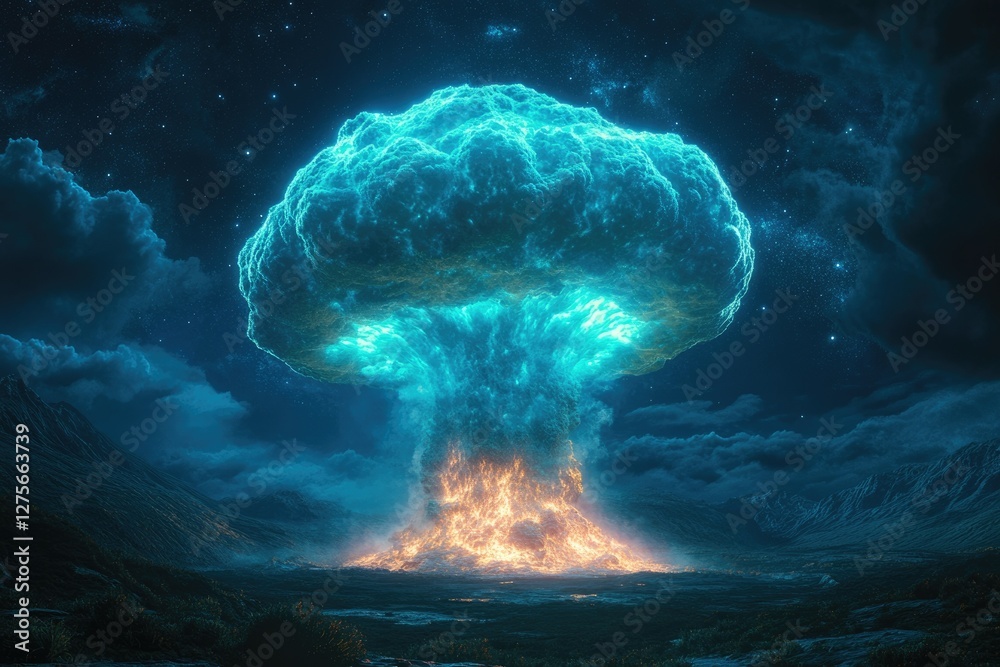 Poster a vibrant, ethereal mushroom cloud explodes with fiery energy against a starlit night sky, creating 