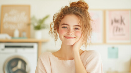 Young woman with freckles smiling gently in a cozy laundry room, representing simplicity and everyday comfort