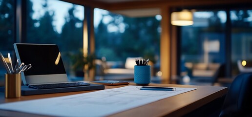 Aesthetic Workspace with Laptop, Architectural Plans and Evening Ambiance