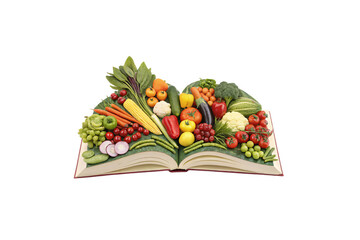A book transformed into a lush vegetable garden, brimming with fresh produce like tomatoes, corn, and peppers, representing the richness of organic food education, isolated on a transparent background