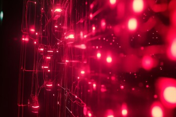 Radiant red circuitry glows against backdrop, highlighting a digital matrix of connections, conveying tech innovation.