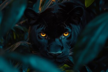 A black panther's piercing eyes emerge from the jungle foliage, exuding stealth and raw power in its natural habitat.
