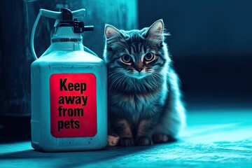 cat beside a bottle with sign "Keep away from pets".
