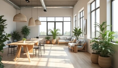 "A modern, sunlit workspace filled with lush green plants, natural wood furniture, and large windows that bring in serene outdoor views."







