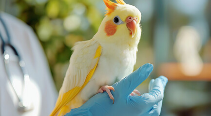 A yellow and white cockatiel being handled by the bird doctor in blue gloves, sitting on his hand at a pet shop desk. This is a stock photo with a simple composition, a feminine fe