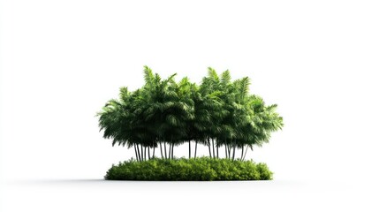 Fototapeta premium Dense Bamboo Grove: A vibrant, verdant cluster of bamboo trees stands tall on a small grassy hill, their leaves dense and rich, exuding a sense of serenity.