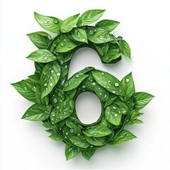 Number 6 made of lush green leaves with dewdrops and natural veins isolated on a clean white background
