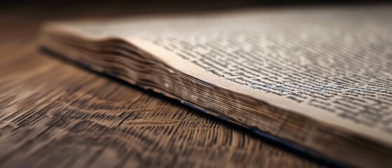 Close-up of a partially open book on a wooden surface.