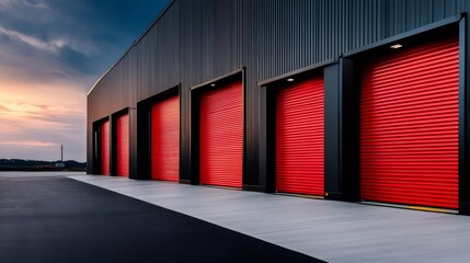Red industrial doors closing on storage building at sunset