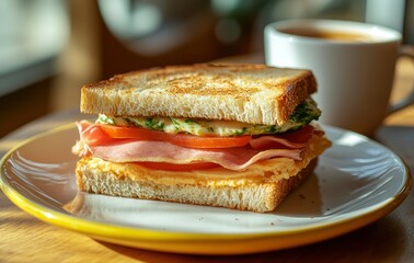 sandwich with ham and tomato on blurred background of coffee cups. delicious and wholesome meal for breakfast or lunch.