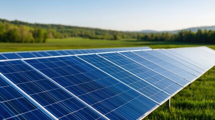 Solar Power Stations Spread Across a Green Landscape Under Clear Blue Sky
