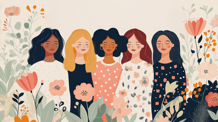 Diverse women vector illustration with plants and flowers on white background, woman day 8 march concept