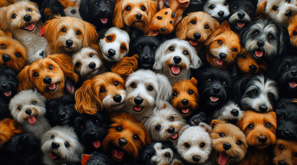Obraz premium A delightful crowd of dogs featuring various breeds, all sporting happy expressions, creating a heartwarming scene that captures the essence of canine joy and companionship.