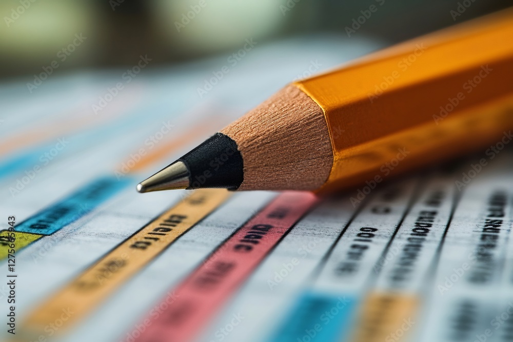 Poster close up of pencil pointing at data on document, analyzing financial reports