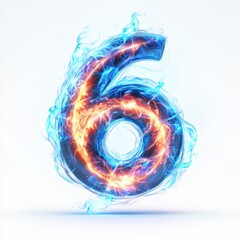 Number 6 made of swirling plasma energy with electric arcs isolated on a clean white background