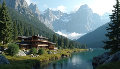 "A stunning lakeside lodge nestled among lush greenery, with towering snow-capped mountains in the background, creating a peaceful and picturesque retreat."








