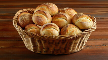 Freshly baked multigrain rolls arranged in woven basket, showcasing warm and inviting appearance. Perfect for any meal or gathering