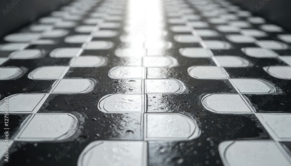 Aufkleber black and white rounded checkerboard pattern with glossy wet tiles. modern geometric shape perspecti