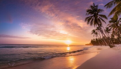 A tropical paradise at dawn, with palm trees swaying gently as the golden light touches the white sand, creating a serene and peaceful atmosphere.