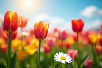 Fototapeta premium Close-up of colorful tulips and daisies in a sunny field, flowers, field, sunny