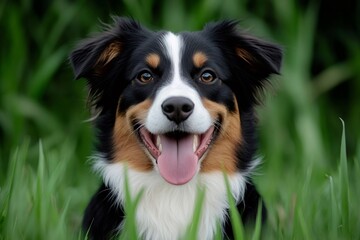 Fototapeta premium Happy australian shepherd smiling and panting in green grass