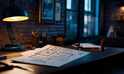 Architect's desk illuminated by warm lamp light for design blueprints
