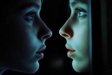A woman gazes intently into her reflection, the mirror blurring the line between reality and introspection in a moody, contemplative scene.