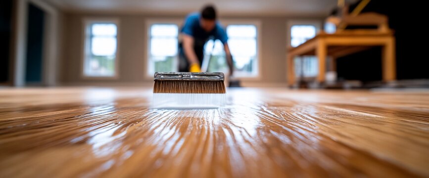 Applying a protective layer on wooden flooring in a new home, renovation process in progress