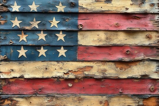 weathered rustic american flag mural on reclaimed barn wood showing authentic distressing and vintage patriotic charm