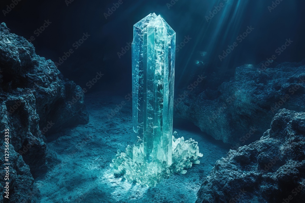 Poster a massive, luminous quartz crystal stands majestically on an underwater seabed, bathed in ethereal l