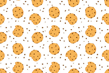 Seamless pattern of oatmeal cookies. Cookie with chocolate crumbs and broken bakery elements. Sweet dessert print for bakery and cafe. Background for wrapping paper, kitchen design, wallpaper, covers