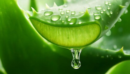 Close-up of a freshly cut aloe vera leaf with a droplet of gel falling, covered in dewdrops, highlighting its natural hydration benefits.