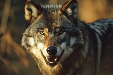 Obraz premium A majestic wolf stands in warm, golden light, its intelligent eyes staring intently, encapsulating the spirit of the wilderness.