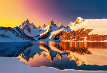 Obraz premium Snow-covered mountains at sunrise with a lake reflecting the stunning view