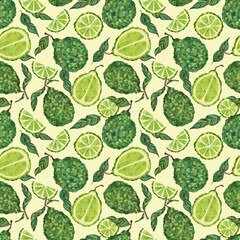 Bergamot, watercolor botanical illustration, seamless pattern on light background