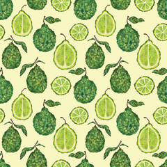 Bergamot, watercolor botanical illustration, seamless pattern on light background