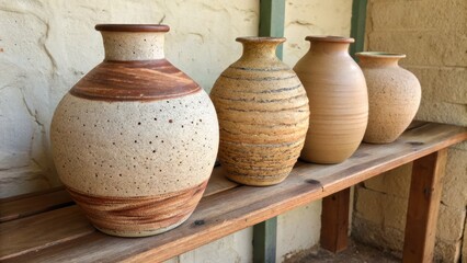 Four beautifully crafted pottery vases displayed on a wooden shelf, showcasing unique designs and earthy tones amidst a rustic backdrop.
