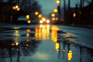 Reflective puddles on a wet street capture the golden glow of city lights, creating an ambiance of calmness amid urban bustle.