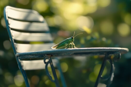 A grasshopper perched daintily on a garden chair amid lush greenery basks in the golden sunlight.