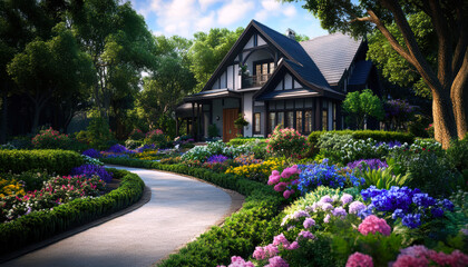 This picturesque scene features a charming house surrounded by a vibrant flower garden, showcasing a variety of colorful blooms along a winding pathway that invites exploration and tranquility.