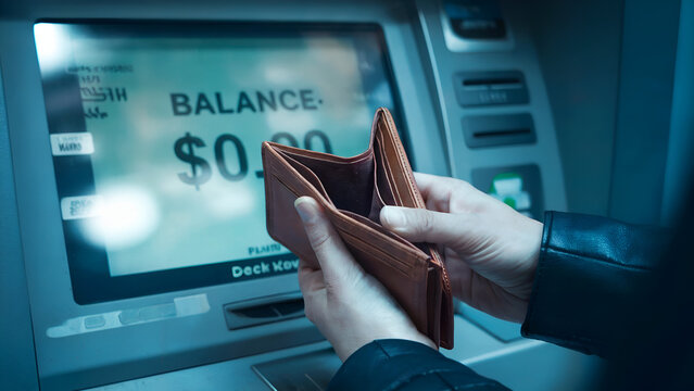 Empty Wallet at ATM, Zero Balance, Night, Financial Loss