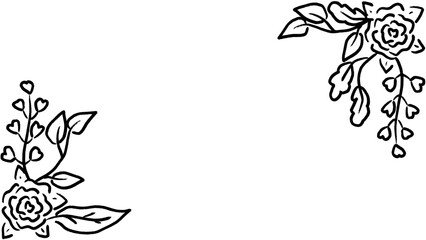 Black and white vegetal ornamental frame with leaves and flowers, decorative border, corners for greeting cards, banners, business cards, invitations, menus. Isolated illustration.